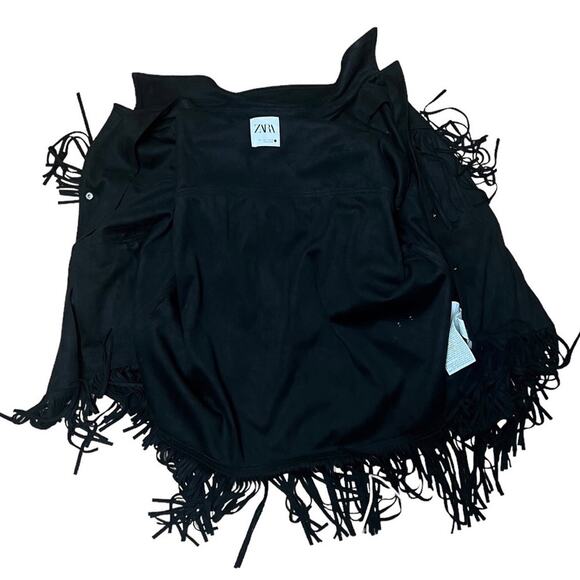 Zara Black Fringe Western Style Retro Jacket Size L Side Pockets Long Sleeves - Picture 15 of 15